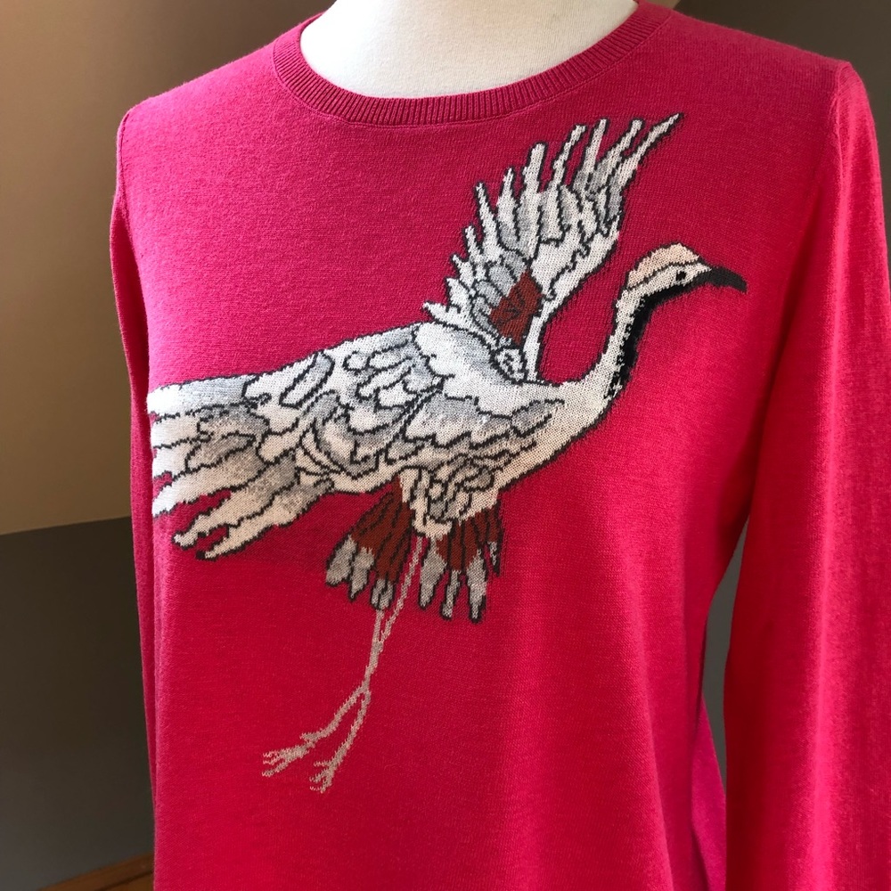LOFT Bright Pink Crewneck Sweater with Crane Intarsia